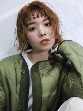 エンクス(enx) 外ハネ切りっぱなしボブ×暖色系オレンジブラウンのルーズヘア