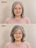 aptas 青山/表参道 白髪染め/白髪ぼかしハイライト/ボリュームアップエクステ 60代の大人白髪ミディアム|表参道・青山