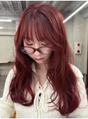 ダブルカラーチェリーレッドピンクブラウン韓国レイヤーロング