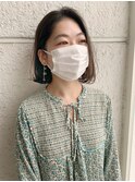 ボブ黒髪前髪なし小顔ラベンダーカラーイメチェンくびれパーマ