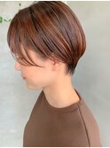 オレンジベージュ、ハンサムショート、丸みショート、、耳掛け