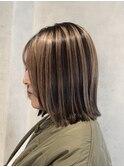 ROUIS 津田沼 ピンクベージュアンブレラカラー/切りっぱなしボブ