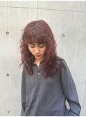 ロングくるくるパーマ/ローズカラー/暖色カラー