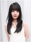 顔周りレイヤーロング前髪カット黒髪ウルフレイヤー_F41174