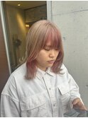 フェイスフレーミングミディピンクカラーハイトーンブリーチ