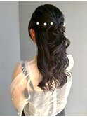 ハーフアップ ヘアアレンジ 結婚式ヘアセット ゆる巻きロング