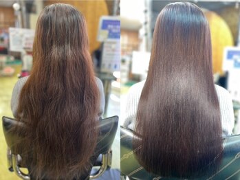 エルモア美容室の写真/くせ毛に悩む方へ!ツヤ感と柔らかさを叶える髪質改善縮毛矯正。内部から栄養を補給し,自然な柔らかさを実現