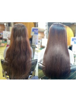 くせ毛に悩む方へ!ツヤ感と柔らかさを叶える髪質改善縮毛矯正。内部から栄養を補給し,自然な柔らかさを実現