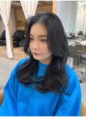 ダークラベンダーグレージュレイヤーカット韓国巻き顔周りカット