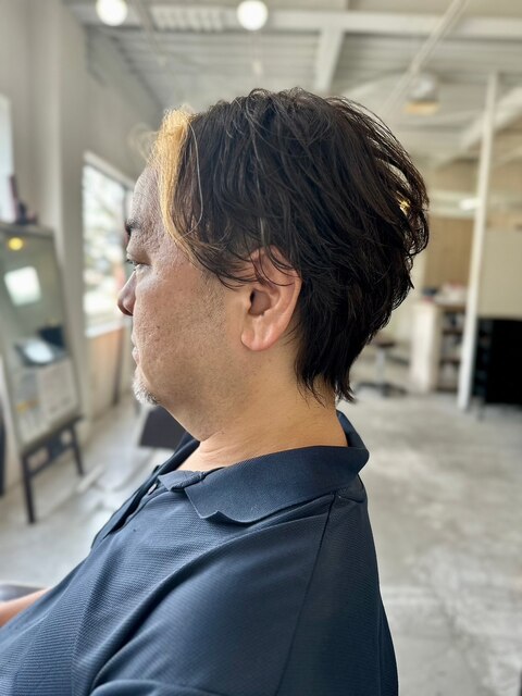 MEN'SHAIRウルフアッシュブラックカルマパーマハイライト