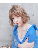 小顔セミウェットウェーブピンクベージュハイライトカラー