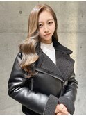 ★丸型逆三角ホワイトグレージュデジタルパーマチェリーブラウン