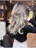 バレイヤージュ、ハイライト、レイヤーロング、グレーベージュ