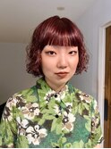 ブリーチなしのWカラー/ワインレッド/ブリーチパーマ