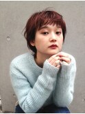 眉上バングショート×レッドブラウン