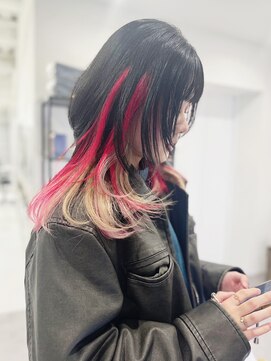 ギグスダブル 栄店(gigs double) ロングウルフ/インナーカラー/レッド×ベージュ