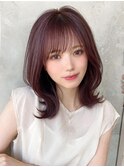 デジタルパーマ前髪パーマ韓国くびれミディアムチェリーブラウン