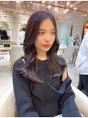 黒髪レイヤーロンググレーベージュ前髪パーマ【韓国ヘア鈴木颯】