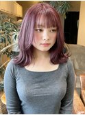 パープル ニュアンスカラー くびれ巻き　ミディアムヘア