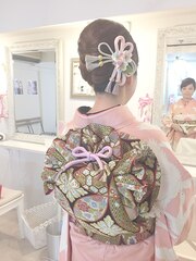 【着物ヘア】お着物にすっきりアップと宝巾着結び　ヘアセット