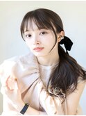 シースルーバングフェイスラインレイヤーリボンヘアアレンジ