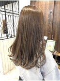 ロングショートワンカールパーマカーキグレージュ前髪錦糸町