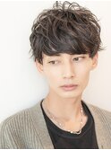 メンズマッシュ波巻きパーマダークアッシュ束感ショートウルフ