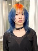 レイヤーウルフカットネオンオレンジブルーカラールーツカラー