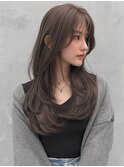 顔まわりレイヤー/ロングレイヤー/透けバング/グレーアッシュ