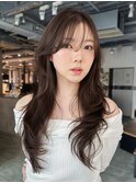 ロングオリーブベージュ似合わせカット前髪カット_F21348