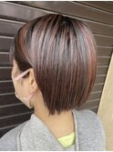 切りっぱボブ オレンジハイライト ブリーチカラー 白髪ぼかし
