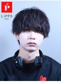 ソフトツイストツーブロックラウンドマッシュショートパーマ黒髪