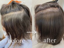 白髪染めで赤みが出やすい髪色を、アッシュやグレー系のカラーで白髪に馴染ませ上品に仕上げる