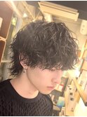 メンズミディアムパーマボブウルフカット緩めスパイラルパーマ