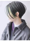 【モリオ原宿】ハンサムショートインナーカラーグリーン前髪なし