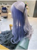 ロングレイヤーインナーカラーブルー/ホワイトグレージュカラー