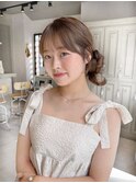 サイドお団子アレンジヘアセットミルクティーブラウンカラー