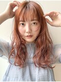 オレンジ/セミロング/ダブルカラー/顔まわりレイヤー