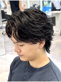 フェザーパーマフェザーショートセンターパート黒髪ツーブロック
