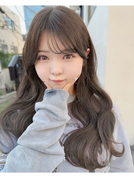 カシュカシュ 表参道(cache cache) オリーブカラーシースルーぱっつん前髪おくれ毛ミディアムロング