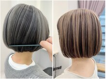 【アウターカラー】表面一線だけブリーチでスジ状ハイライト風に。明るく感じすぎず新しい白髪対策にも◎