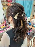 ハーフアップ ウェーブ巻き ゆるふわ 結婚式 お呼ばれ