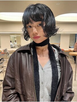 ボブパーマ/丸顔/前髪あり/ミニボブ/20代/結べる/内巻き