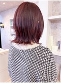 福山市美容室Caary冬カラー赤みコーラルピンクミディアムヘア