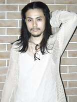 メンズロングレイヤーウルフセンターパートブルーブラックロン毛