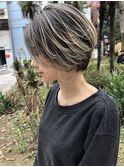 バレイヤージュ、ハイライト、ショートカット、ダブルカラー