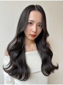 韓国ヘアロングレイヤーカット大人ワンレン前髪なし巻きスタイル
