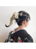 ヘアアレンジ♪成人式飾り紐和風和装水引造花アレンジ秋ヘアー