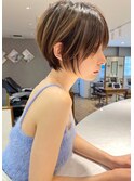 縮毛矯正くびれヘアアプリコットオレンジハイライトカラーボブ