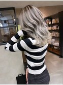 バレイヤージュ、ハイライト、レイヤーロング、グレーベージュ